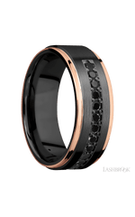 8 mm wide/Flat Grooved Edges/Zirconium band with a Half Eternity arrangement of .03 carat Round Black Diamond stones in a Bead setting and featuring two 1 mm Edge inlays of 14K Rose Gold