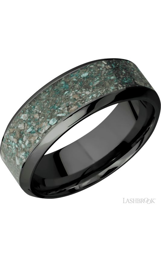 8 mm wide/High Bevel/Zirconium band with one 5 mm Centered inlay of Ocean Jasper.