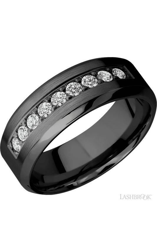 8 mm wide/High Bevel/Zirconium band with an  arrangement of 9, .05 carat Round Diamond stones in a Bead setting.