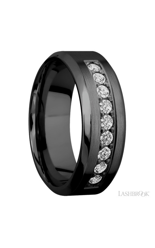 8 mm wide/High Bevel/Zirconium band with an  arrangement of 9, .05 carat Round Diamond stones in a Bead setting.