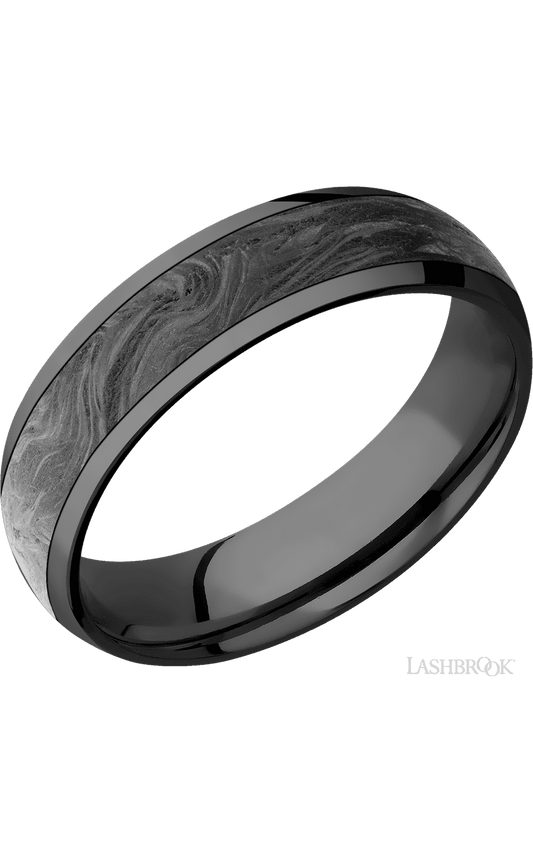 6 mm wide/Domed/Zirconium band with one 4 mm Centered inlay of Forged Carbon Fiber.