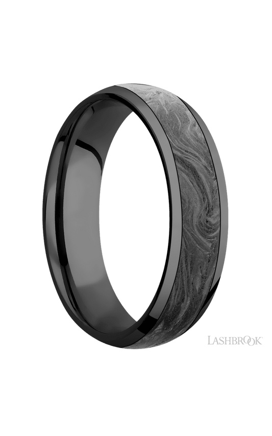 6 mm wide/Domed/Zirconium band with one 4 mm Centered inlay of Forged Carbon Fiber.