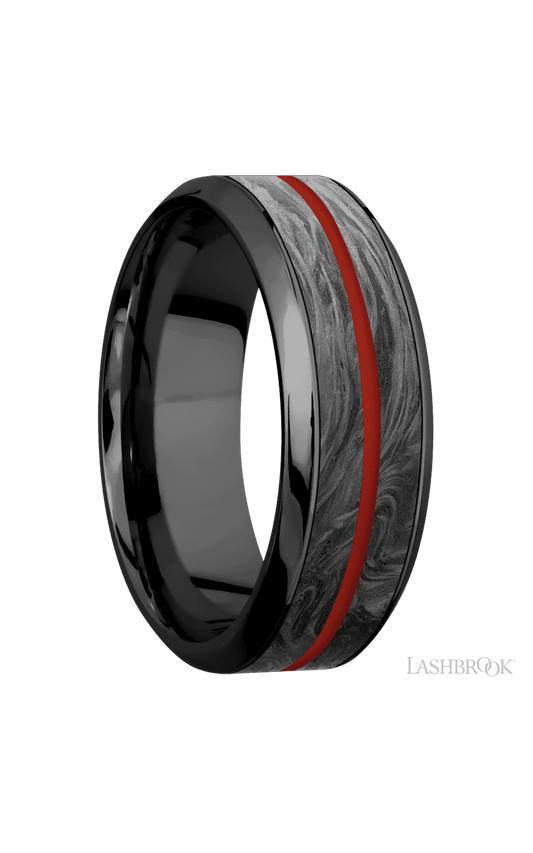 8 mm wide/High Bevel/Zirconium band featuring inlays of Forged Carbon Fiber and Red Apple.