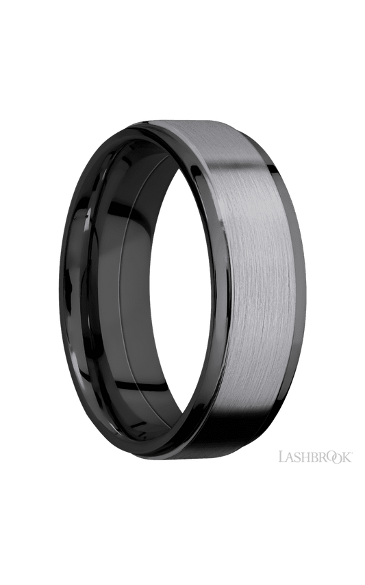 7 mm wide/Flat Grooved Edges/Zirconium band with one 5 mm Raised Centered inlay of Tantalum.