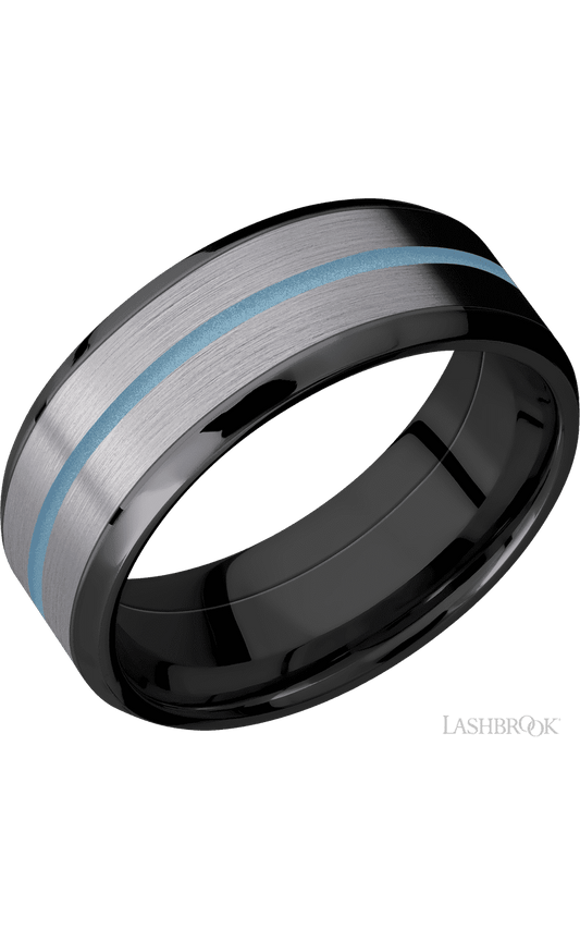 8 mm wide/Beveled/Zirconium band featuring inlays of Tantalum and Polar Blue.