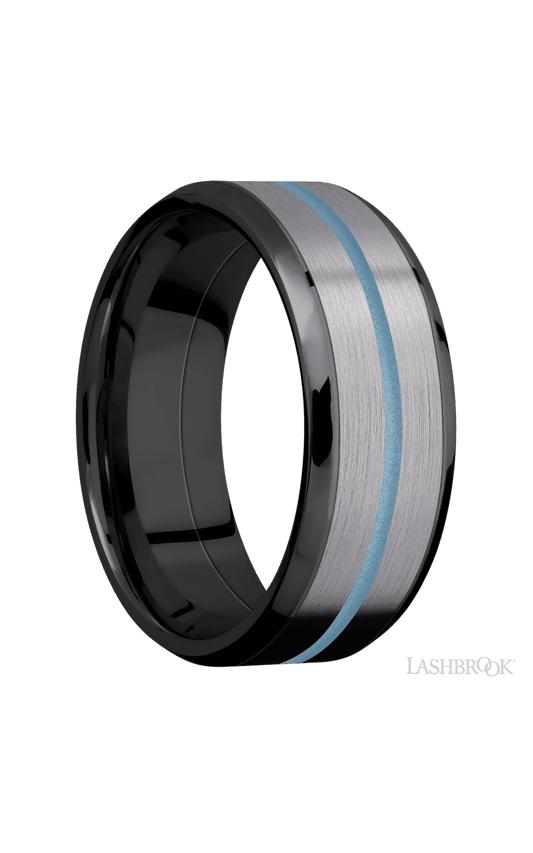 8 mm wide/Beveled/Zirconium band featuring inlays of Tantalum and Polar Blue.