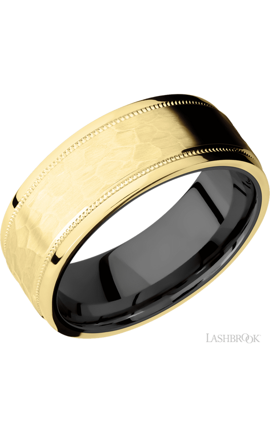 8 mm wide Flat Stepped Edges Milgrain 14K Yellow Gold band featuring a Zirconium sleeve.