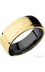 8 mm wide Flat Stepped Edges Milgrain 14K Yellow Gold band featuring a Zirconium sleeve.