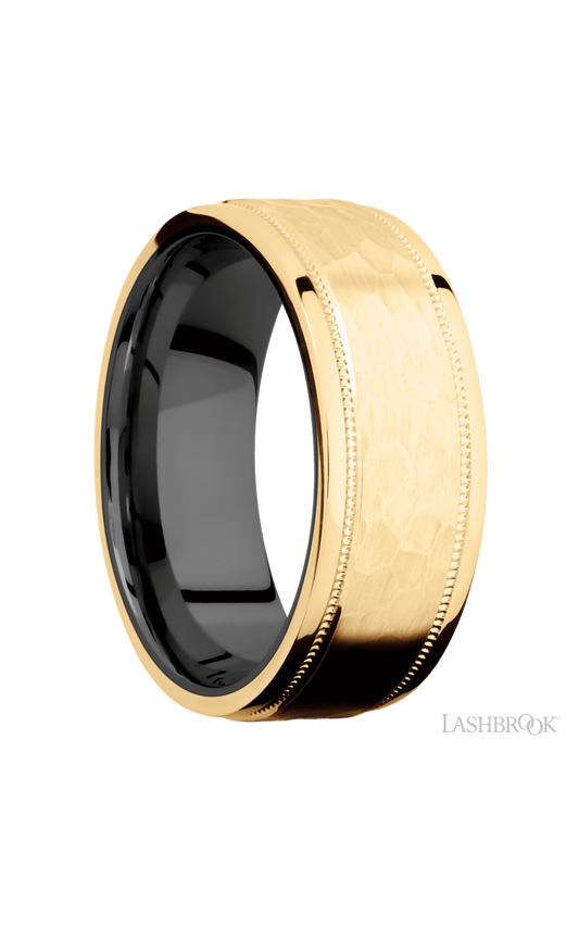 8 mm wide Flat Stepped Edges Milgrain 14K Yellow Gold band featuring a Zirconium sleeve.