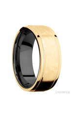 8 mm wide Flat Stepped Edges Milgrain 14K Yellow Gold band featuring a Zirconium sleeve.