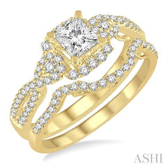 ASHI Princess Shape Halo Diamond Wedding Set 245E2PPFHYG-WS
