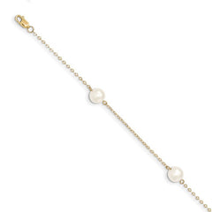 Quality Gold 14K 7-8mm White Near Round Freshwater Cultured Pearl 3-station Bracelet XF588-7.25