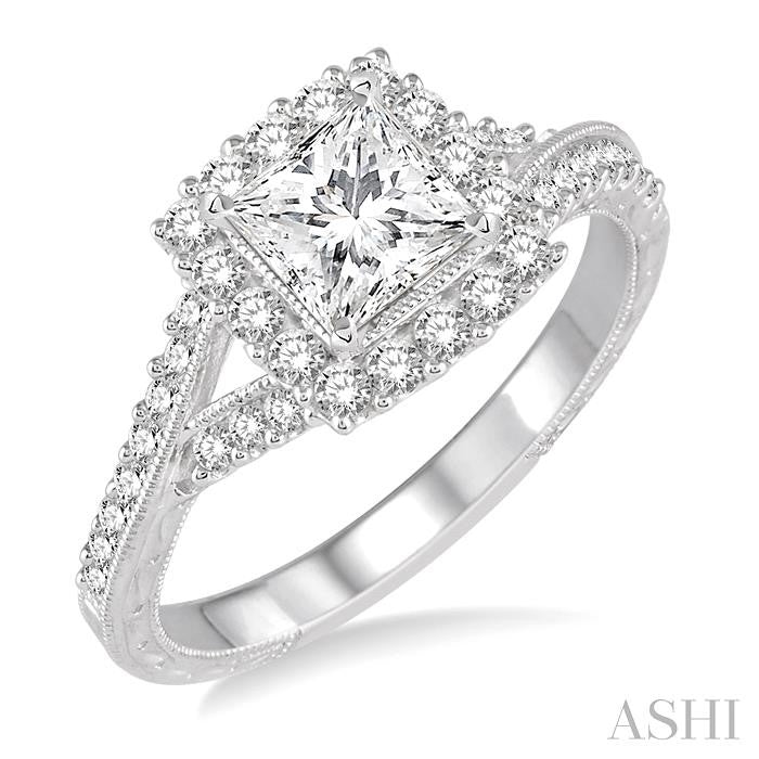 ASHI Princess Shape Semi-Mount Halo Diamond Engagement Ring 254D3PPFHWG-SM
