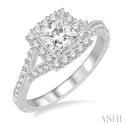 ASHI Princess Shape Semi-Mount Halo Diamond Engagement Ring 254D3PPFHWG-SM