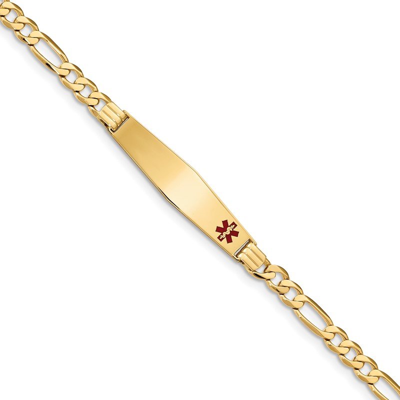 Quality Gold 14K Medical Soft Diamond Shape Red Enamel Flat Figaro Link ID Bracelet XM566FC