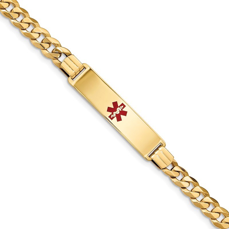 Quality Gold 14K Medical Red Enamel Flat Curb Link ID Bracelet XM582CR-8