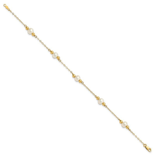 Quality Gold 14K 5-6mm White Near Round FW Cultured Pearl Bead 5-station Bracelet XF449-7.5