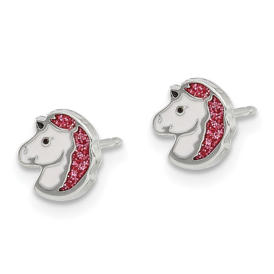 3586E Inverness Stainless Steel White and Pink Glitter Enamel Unicorn Earrings