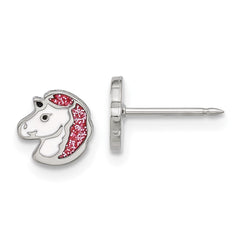 3586E Inverness Stainless Steel White and Pink Glitter Enamel Unicorn Earrings