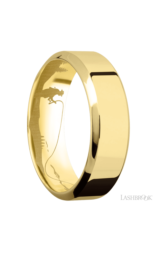 7 mm wide High Bevel 14K Yellow Gold band.