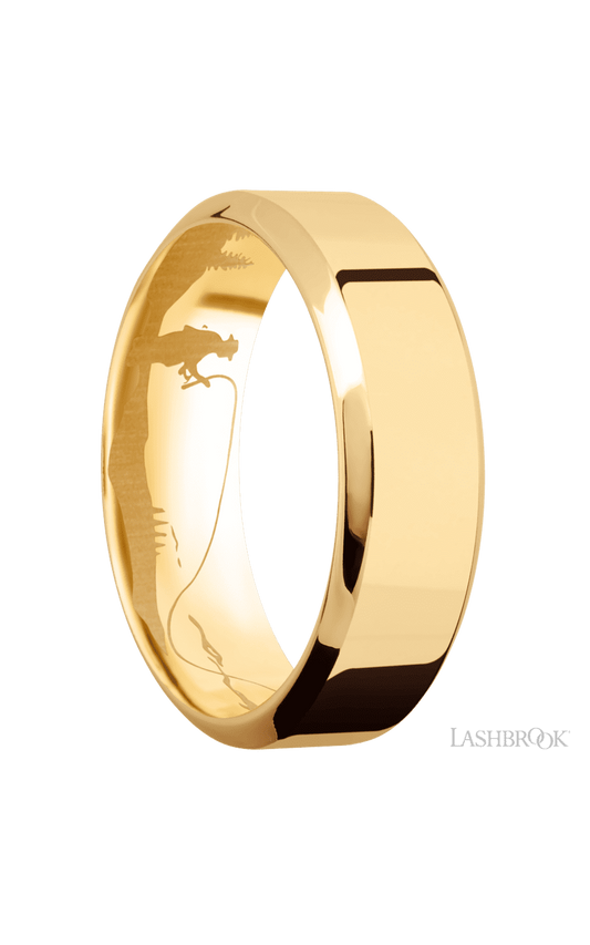 7 mm wide High Bevel 14K Yellow Gold band.
