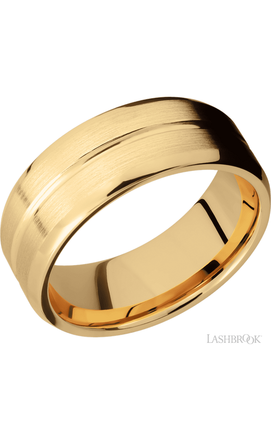 8 mm wide Beveled with Center Accent Groove 14K Yellow Gold band.