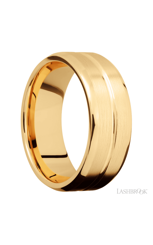 8 mm wide Beveled with Center Accent Groove 14K Yellow Gold band.