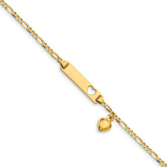 Quality Gold 14k Cut-out Heart w/Dangling Heart Children's Figaro Link ID Bracelet BID54-6