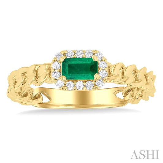 ASHI Emerald Shape Curb & Cuban East-West Gemstone & Halo Diamond Ring 41418PPTGEMYG-OC