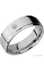 7 mm wide/Flat Grooved Edges/14K White Gold band with an  arrangement of 1, .1 carat Round Diamond stones in a Flush setting.