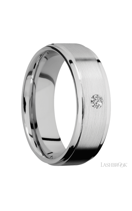 7 mm wide/Flat Grooved Edges/14K White Gold band with an  arrangement of 1, .1 carat Round Diamond stones in a Flush setting.