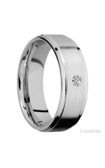 7 mm wide/Flat Grooved Edges/14K White Gold band with an  arrangement of 1, .1 carat Round Diamond stones in a Flush setting.