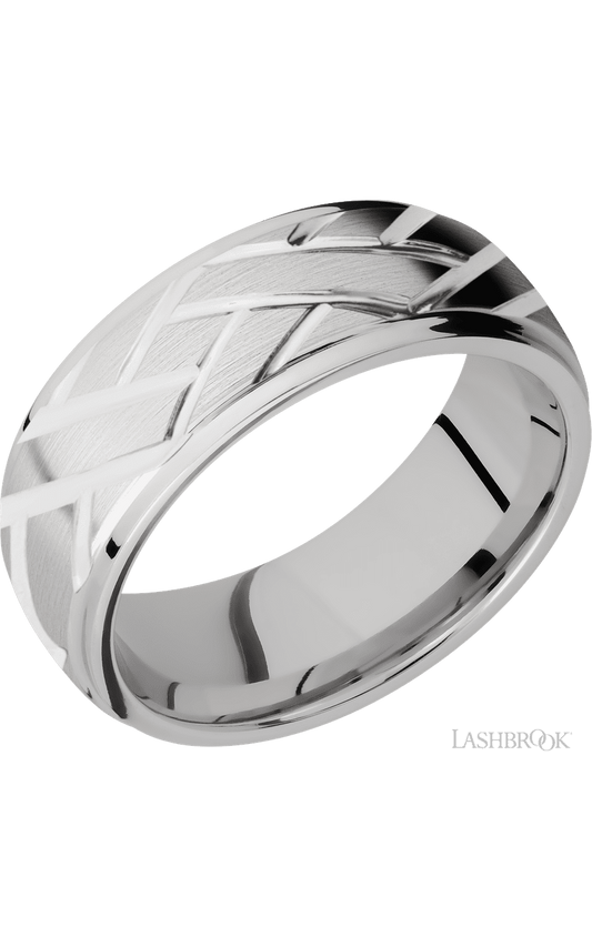 8 mm wide/Domed Stepped Down Edges/14K White Gold band with a machined Lattice pattern.