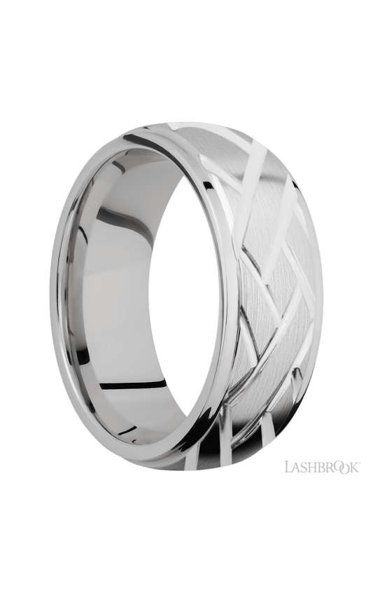 8 mm wide/Domed Stepped Down Edges/14K White Gold band with a machined Lattice pattern.