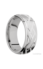 8 mm wide/Domed Stepped Down Edges/14K White Gold band with a machined Lattice pattern.