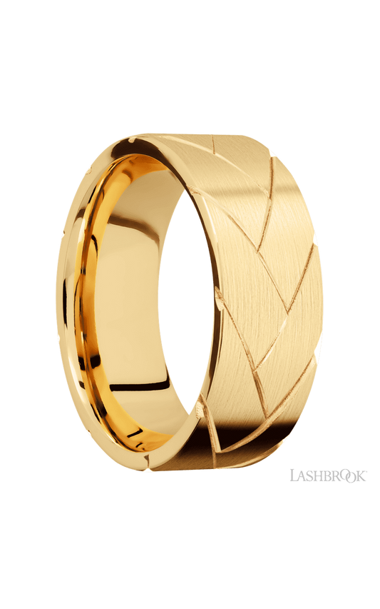 8 mm wide/Flat/14K Yellow Gold band with a machined Flatbraid pattern.