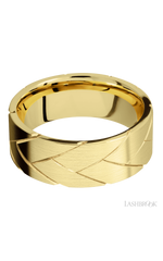 8 mm wide/Flat/14K Yellow Gold band with a machined Flatbraid pattern.