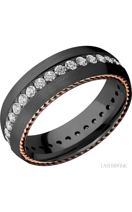 7 mm wide/Domed/Zirconium band with  two 1 mm Sidebraid inlays of 14K Rose Gold and featuring an Eternity arrangement of .03 carat Round Lab Grown Diamond stones in a Bead setting