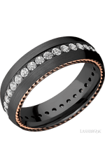7 mm wide/Domed/Zirconium band with  two 1 mm Sidebraid inlays of 14K Rose Gold and featuring an Eternity arrangement of .03 carat Round Lab Grown Diamond stones in a Bead setting