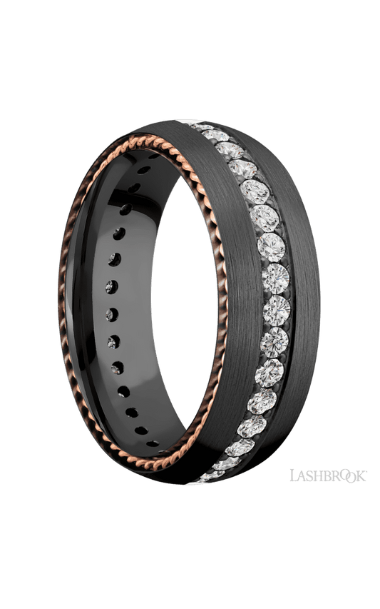 7 mm wide/Domed/Zirconium band with  two 1 mm Sidebraid inlays of 14K Rose Gold and featuring an Eternity arrangement of .03 carat Round Lab Grown Diamond stones in a Bead setting