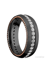 7 mm wide/Domed/Zirconium band with  two 1 mm Sidebraid inlays of 14K Rose Gold and featuring an Eternity arrangement of .03 carat Round Lab Grown Diamond stones in a Bead setting