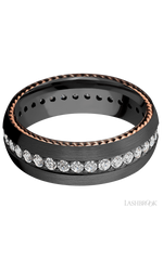 7 mm wide/Domed/Zirconium band with  two 1 mm Sidebraid inlays of 14K Rose Gold and featuring an Eternity arrangement of .03 carat Round Lab Grown Diamond stones in a Bead setting