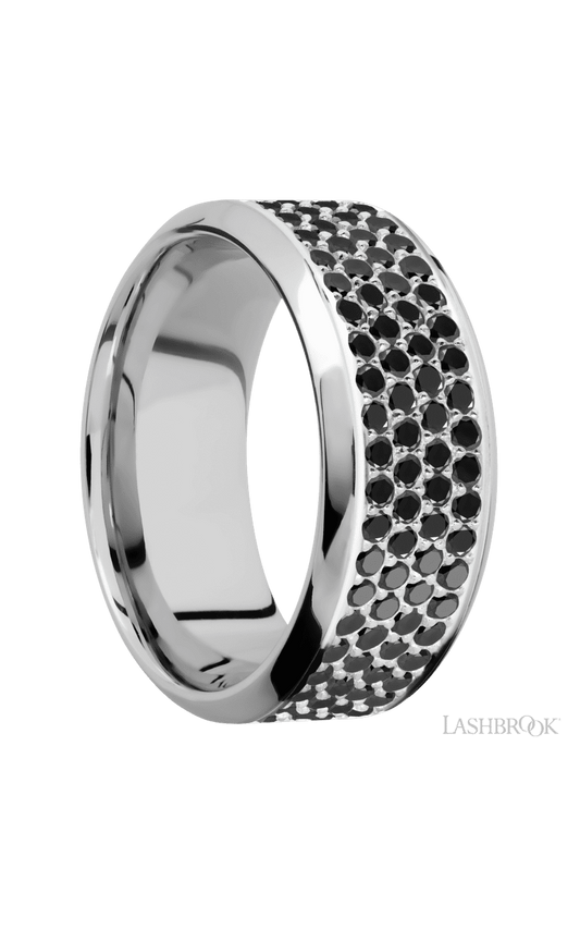 9 mm wide/High Bevel/14K White Gold band with a 4 Row Half Eternity arrangement of .015 carat Round Black Diamond stones in a Bead Channel setting.