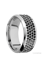 9 mm wide/High Bevel/14K White Gold band with a 4 Row Half Eternity arrangement of .015 carat Round Black Diamond stones in a Bead Channel setting.