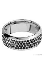 9 mm wide/High Bevel/14K White Gold band with a 4 Row Half Eternity arrangement of .015 carat Round Black Diamond stones in a Bead Channel setting.