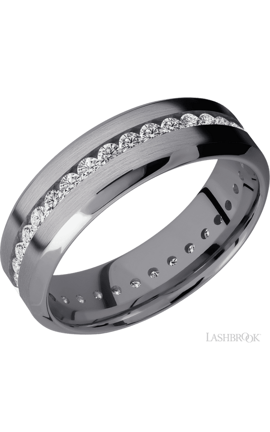 7 mm wide/High Bevel/Tantalum band with an Eternity arrangement of .03 carat Round Lab Grown Diamond stones in a Channel setting.