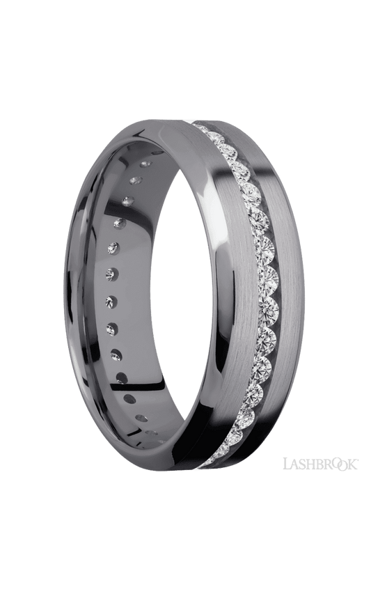 7 mm wide/High Bevel/Tantalum band with an Eternity arrangement of .03 carat Round Lab Grown Diamond stones in a Channel setting.