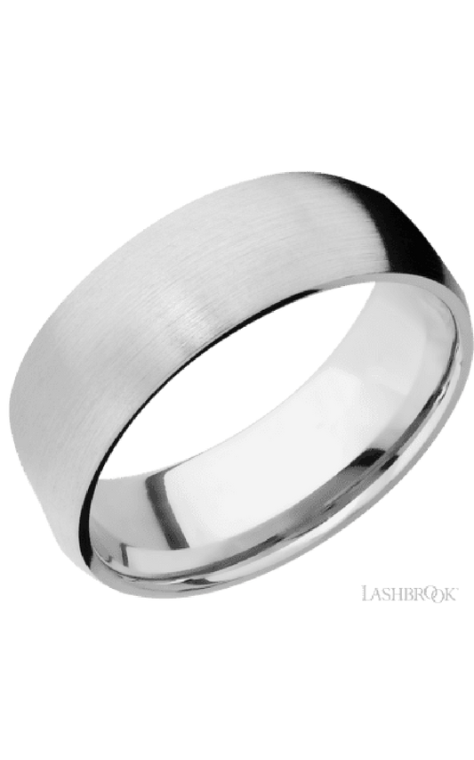 8 mm wide/Domed/14K White Gold band with  two 1 mm Sidebraid inlays of 14K White Gold and featuring a 3 Row Eternity arrangement of .015 carat Round Diamond stones in a Bead Channel setting