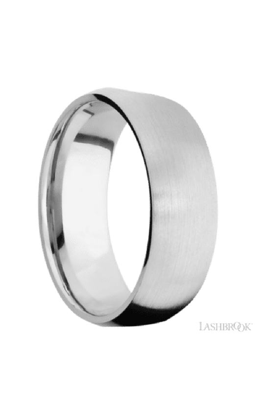 8 mm wide/Domed/14K White Gold band with  two 1 mm Sidebraid inlays of 14K White Gold and featuring a 3 Row Eternity arrangement of .015 carat Round Diamond stones in a Bead Channel setting