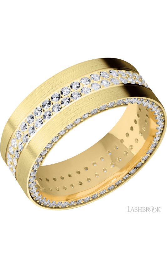 8 mm wide/Flat/14K Yellow Gold band with a Side Eternity arrangement of .01 carat Round Diamond stones in a Bead Channel setting and featuring a a 2 Row Eternity arrangement of .015 carat Round Diamond stones in a Bead Channel setting